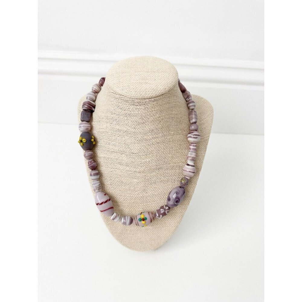 NWT Painted Ceramic Beaded Necklace Flowers Purple